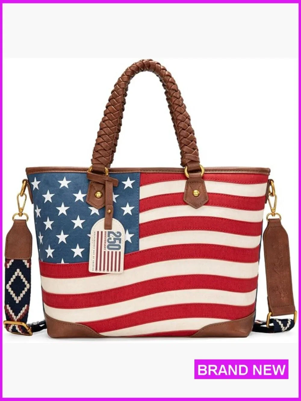 Vintage Patriotic Western Tote Bag with Braided Handles Distressed Flag Design